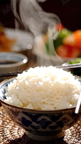 Steam rises from a bowl of white rice on patterned ceramic
