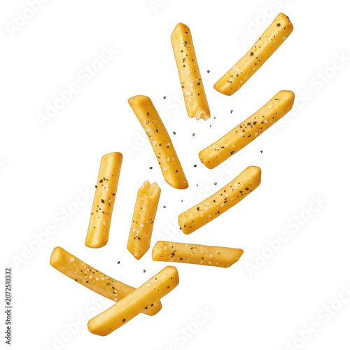Golden cheese sticks in mid-air isolated on transparent background