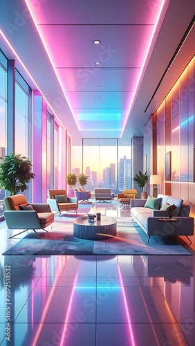 A vibrant lounge with neon lights, city view, and modern furniture