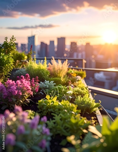 A vibrant rooftop garden overlooking a city skyline at sunset