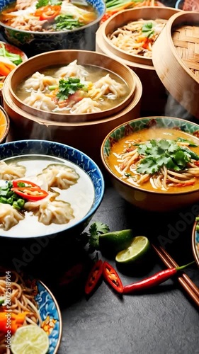 Colorful bowls of steaming Asian soups and dumplings invite delight