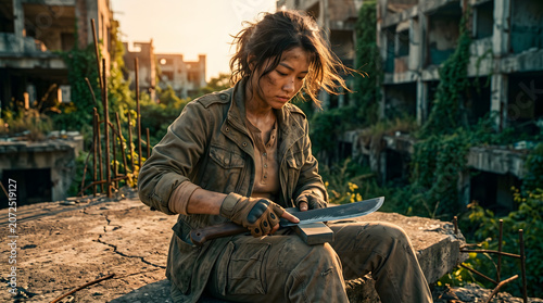 A resilient young woman in tactical gear sharpening a large machete on a whetstone amidst ruined, overgrown post-apocalyptic city buildings.