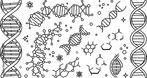 Tableau sur toile DNA helix and molecule icon set vector outline collection of genetic code structure biotechnology medical science laboratory elements