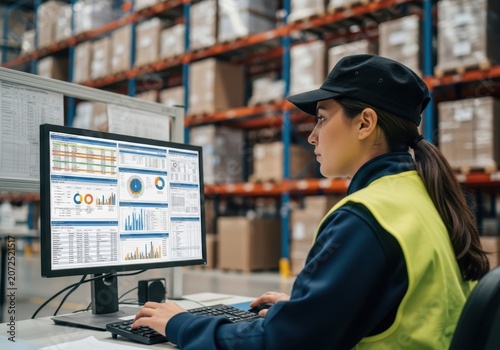 Warehouse worker analyzing logistics data on computer monitor