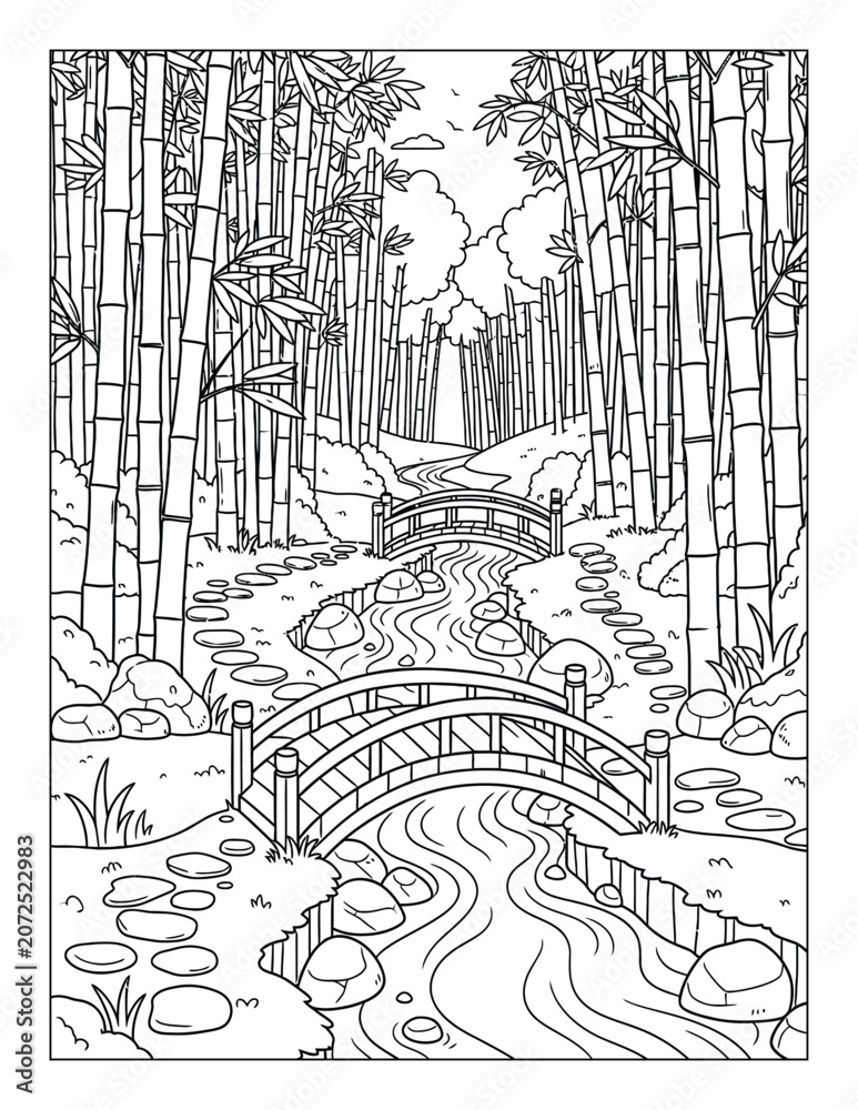 Fototapeta premium Bamboo coloring page featuring peaceful garden bridges and winding stream coloring page