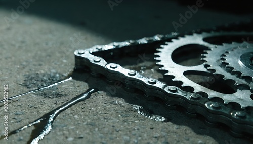 Close up of oiled bicycle chain and sprockets resting on concrete with motor oil streaks cool toned dramatic side lighting