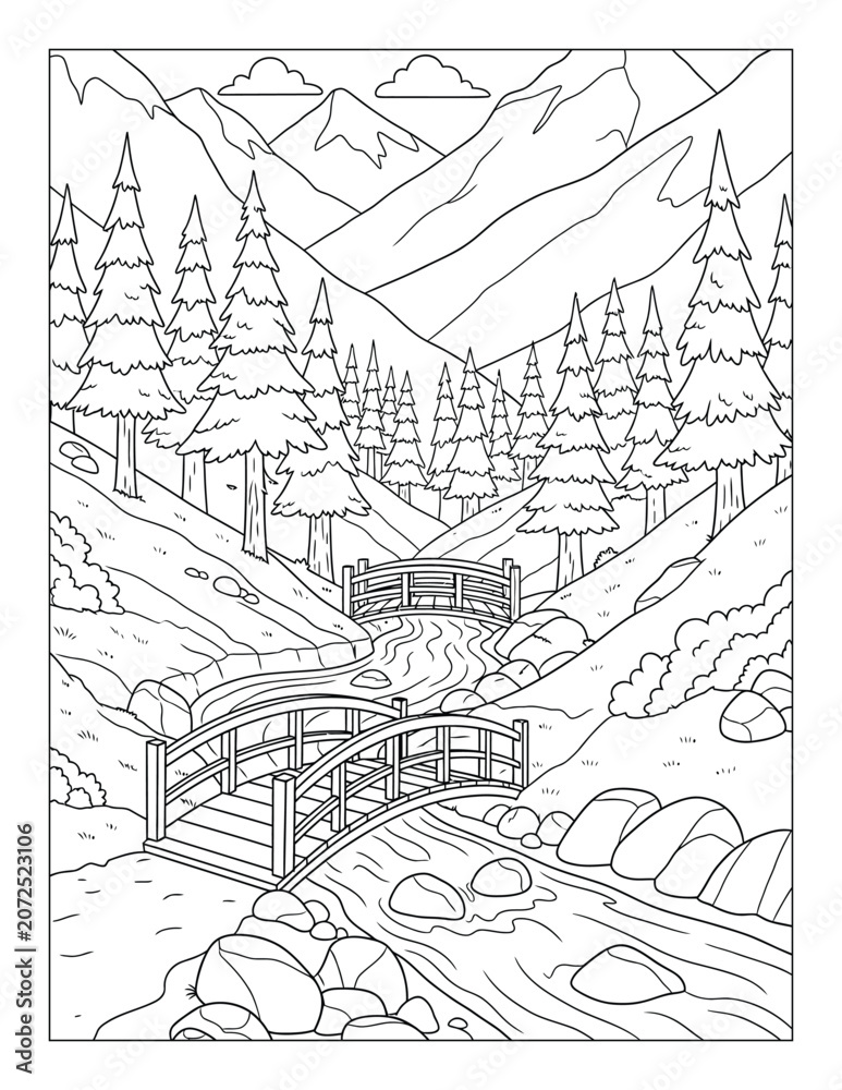 Fototapeta premium Bridge coloring page with mountain stream forest valley and scenic nature landscape coloring page