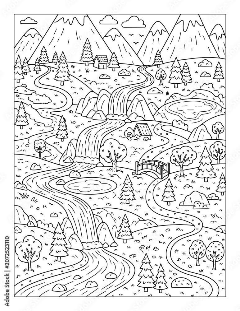 Fototapeta premium Waterfall coloring page with mountain valley rivers bridges and scenic wilderness coloring page
