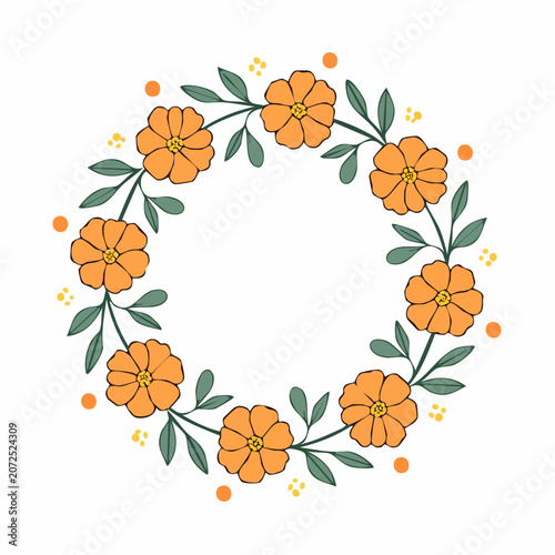 Floral Wreath with Orange Flowers and Green Leaves