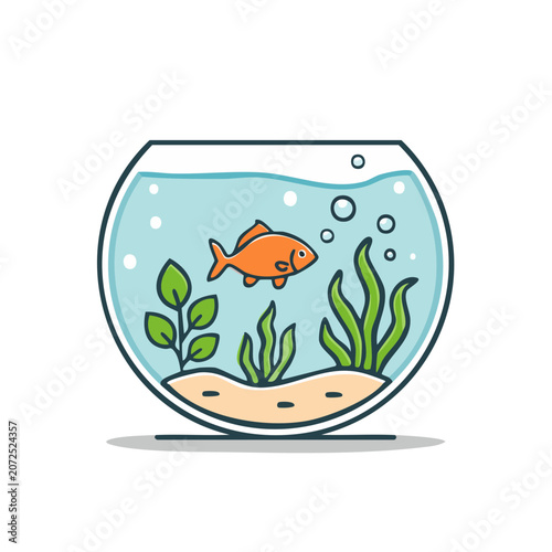 Goldfish in a fishbowl with plants and bubbles