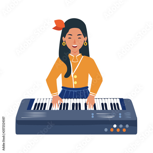Happy girl playing electronic keyboard, flat vector illustration