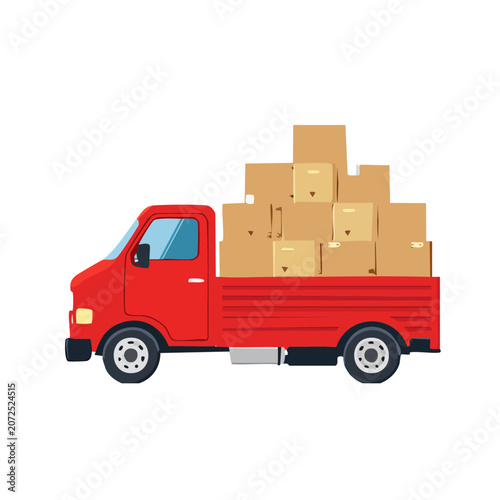 Red delivery truck loaded with cardboard boxes