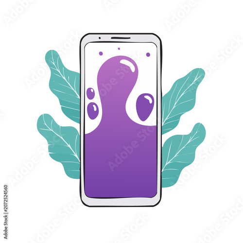 Smartphone with abstract shapes and green leaves vector illustration