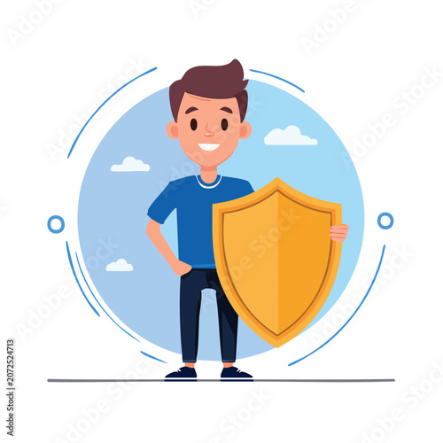 Cartoon man holding golden shield vector illustration