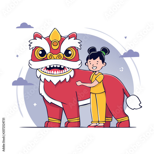 Child in Traditional Lion Dance Costume Illustration