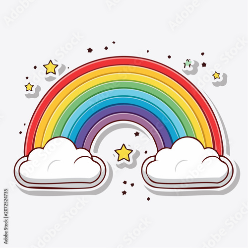 Cartoon Rainbow with Clouds and Stars