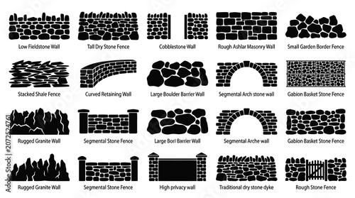 Construction  Landscaping Stone Walls, Fences, Barriers Icons Set. Diverse Architectural Silhouettes.