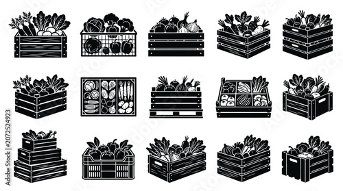 Black and White Vector Icons of Fresh Vegetables in Wooden Crates