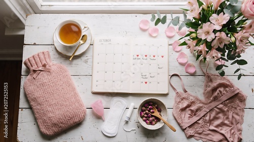 Period self care essentials with pink hot water bottle menstrual cup and flowers menstrual wellness feminine notebook calendar planning sanitary femininity
