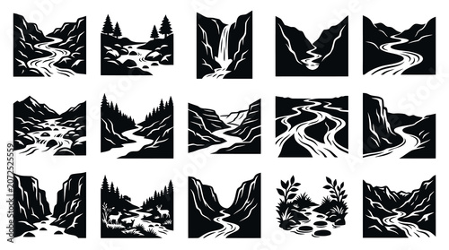 Monochrome River  Stream Vector Illustrations Set: Nature, Mountains, Valleys, Waterfalls, Outdoors Glyphs