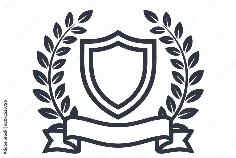 Fototapeta premium Shield emblem design with a decorative laurel wreath and a blank curved ribbon banner for custom text or logo in a professional style.