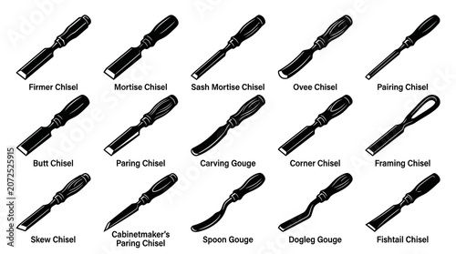 Black and White Line Art of Various Wood Chisels and Gouges, Woodworking Tools