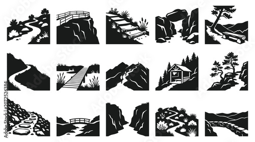 Outdoor Nature Hiking Trails Vector Glyphs - Black and White Silhouette Mountain Paths  Landscape Icons
