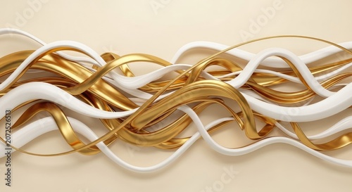 Abstract white and gold swirling ribbon background.