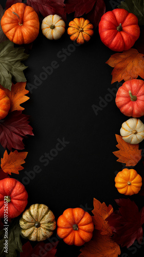 Colorful autumn pumpkins and leaves create a festive border on dark background