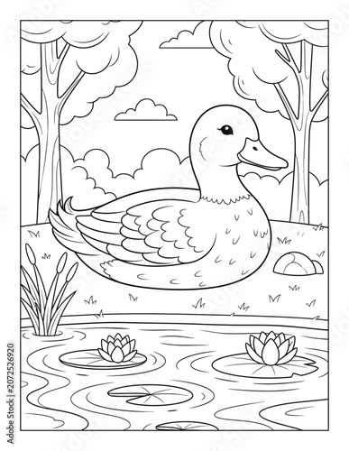 фотографія Duck coloring page resting beside lily pond with blooming water flowers coloring