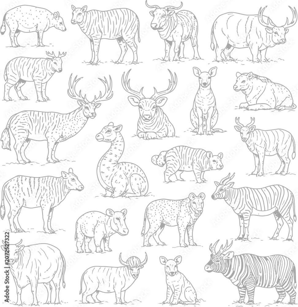 Obraz premium Diverse collection of monochromatic animal silhouettes in grid format Vector