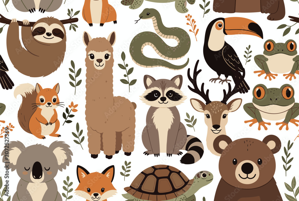 Fototapeta premium Fun seamless pattern featuring a diverse collection of cute wild animals and green leaves on a white background.