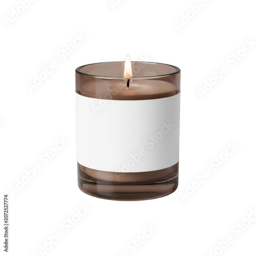 Simple lit candle in glass holder isolated on transparent background