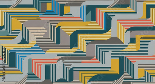 Abstract Geometric Pattern with Intersecting Lines and Shapes in Warm and Cool Tones