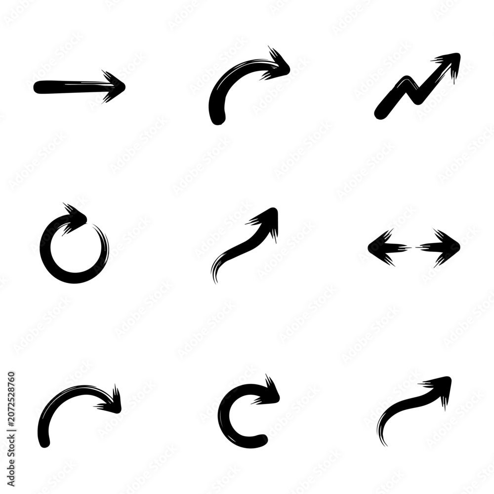 Fototapeta premium Assorted grunge brush stroke arrows and curved direction signs with direction illustration indicator elements