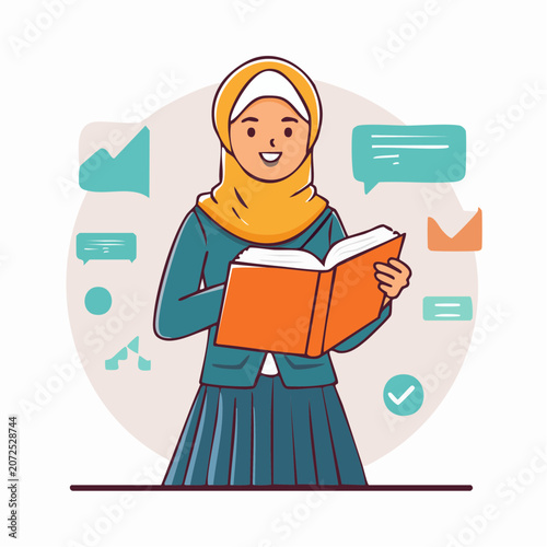 Woman in hijab reading a book with communication icons