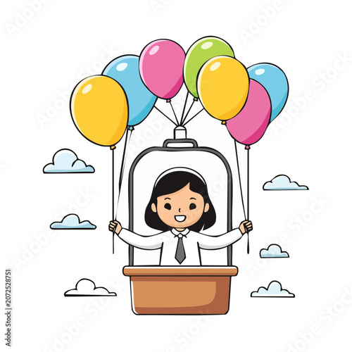Woman in hot air balloon with colorful balloons
