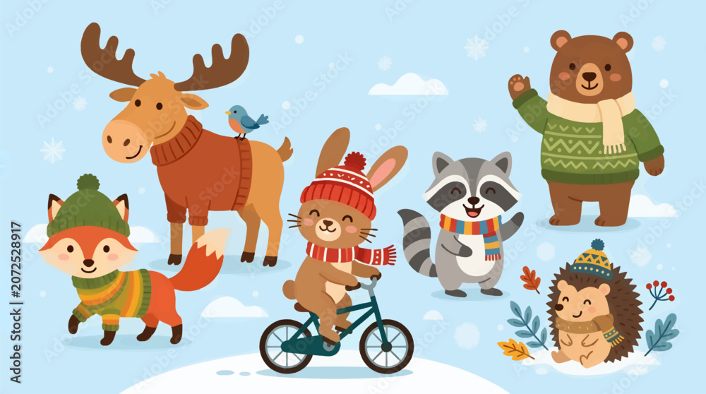 Obraz premium Cute Flat Design Winter Animals, Fox, Moose, Rabbit on Bicycle, Raccoon, Bear, Hedgehog, with Snowflakes and Winter Foliage, Festive Holiday Illustration