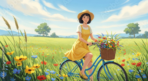 Woman Riding Bicycle Through Flower Field in Summer