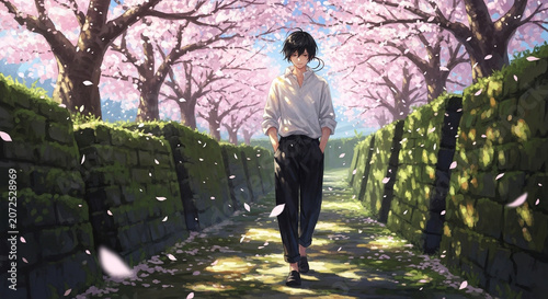 Young Man Walking Through a Cherry Blossom Lined Path in Spring