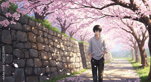 Young Man Walking Through a Cherry Blossom Tunnel in Spring
