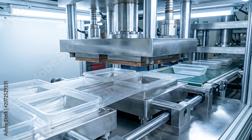 Industrial machine sealing plastic containers on conveyor line. Automated food packaging equipment in manufacturing facility. Production process of lunch boxes for wholesale distribution.
