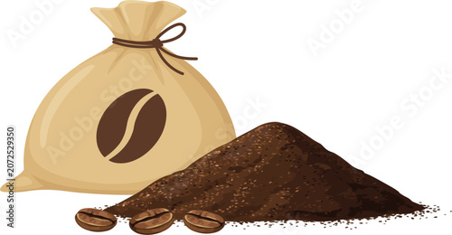 Photos Coffee beans vector illustration with roasted powder pile, tied burlap sack and