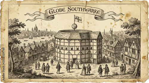 Globe Theatre dominates the Southwark district in a vintage engraving showcasing daily life in seventeenth century London.
