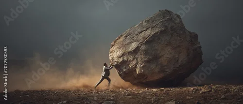 Panel kuchenny z motywem Person pushing a large rock symbolizes struggle.