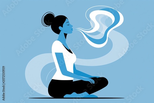 Woman makes Breathing exercise. Girl sits on the floor in pose lotus and makes a exhale. Recovery Respiratory system after illness. Health and wellbeing concept. Meditation, fitness person, relaxation