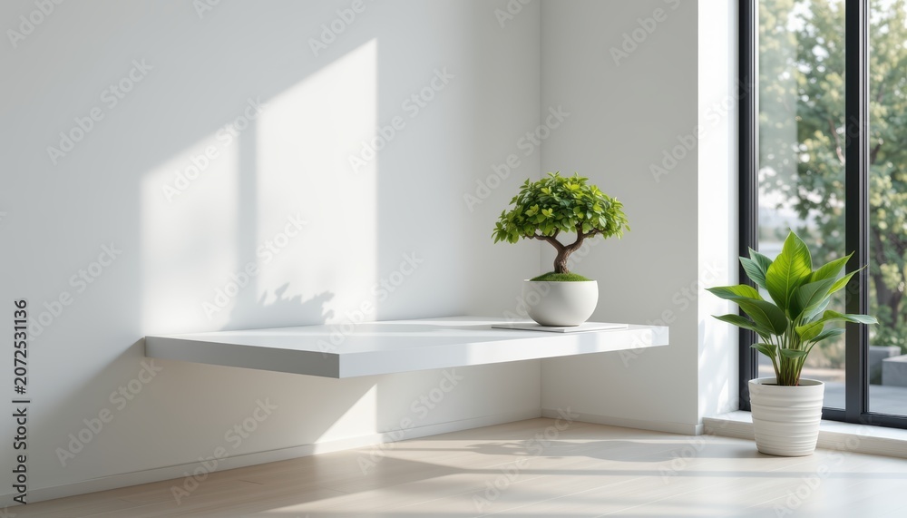 Fototapeta premium Minimalist interior featuring a floating white shelf with a bonsai and a potted plant by a large window.