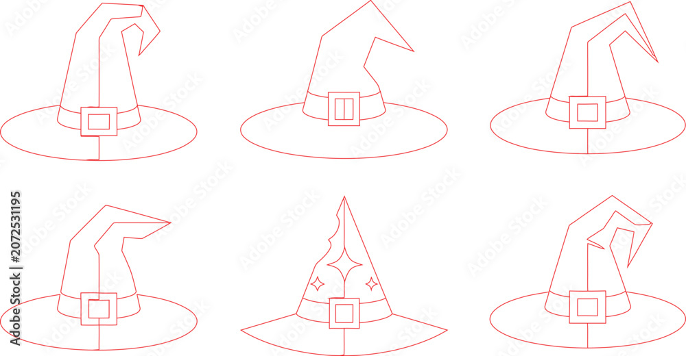 Fototapeta premium Simple red outline witch hat collection for magical seasonal designs and spellcasting themes