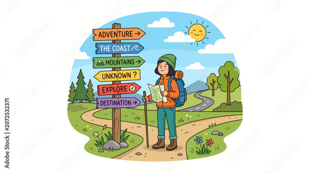Naklejka premium A cartoon illustration of a hiker at a crossroads, looking at a map, with a signpost pointing to various travel destinations like adventure, mountains, and the coast.