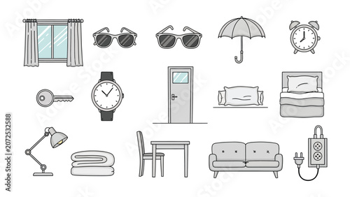 Home furniture and daily household objects illustration